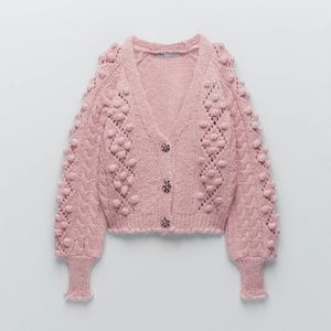 Zara Pink Knitted Cardigan with Jewel Button - Size S New With Tags